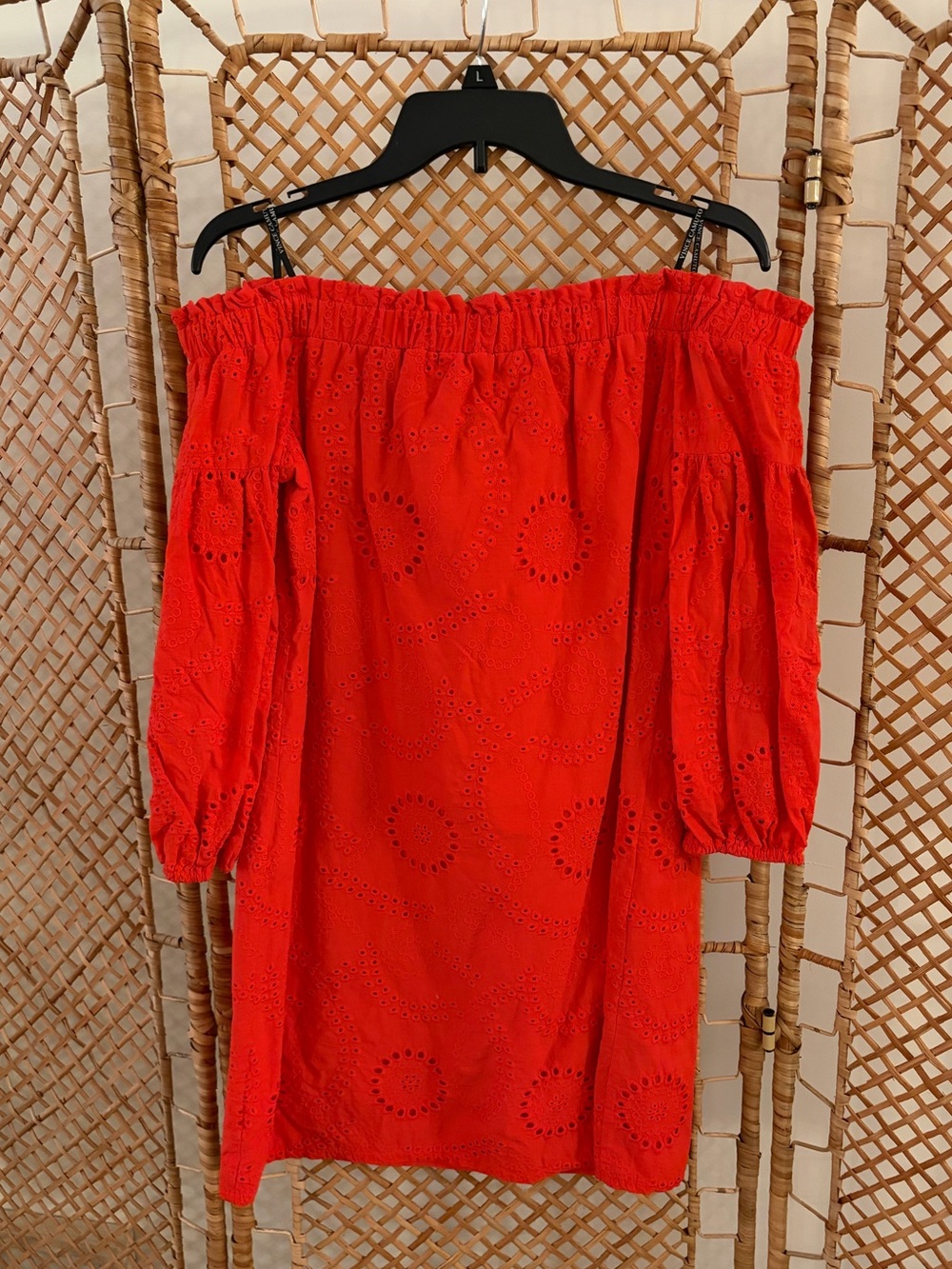 Vince Camuto Women’s Red-Orange Off-Shoulder Eyelet Mini Dress